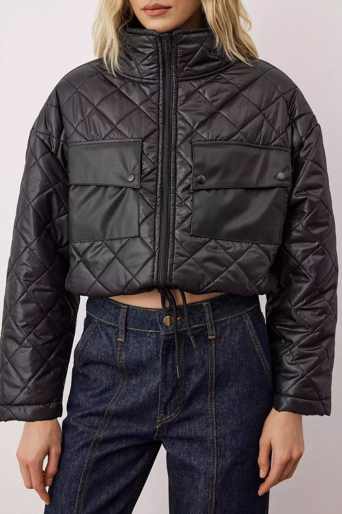 Black Regular Fit Faux Leather Pocket Detailed Quilted Coat