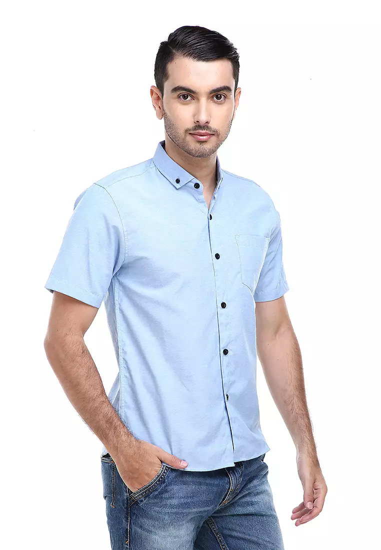 Dwan Casual Shirt Kemeja Polos Pria Lengan Pendek Kasual Formal Material Cotton ORIGINAL - Blue