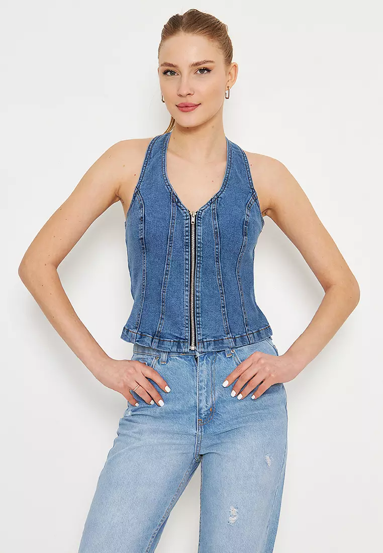 Light Blue Front Zippered Halter Neck Fitted Denim Blouse