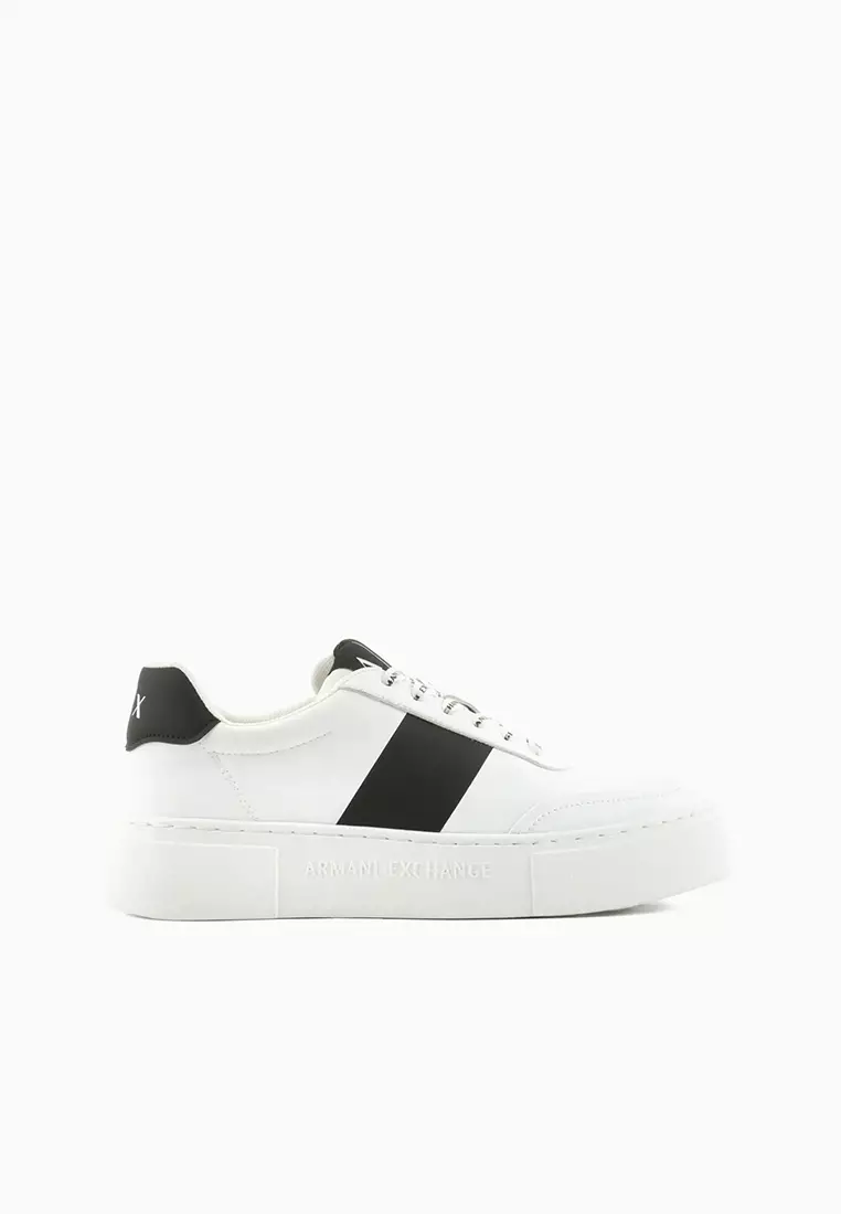 Discount on Armani Exchange  shoes - SKU: Contrasting Band Logo Lace Up Sneakers Optic White Black