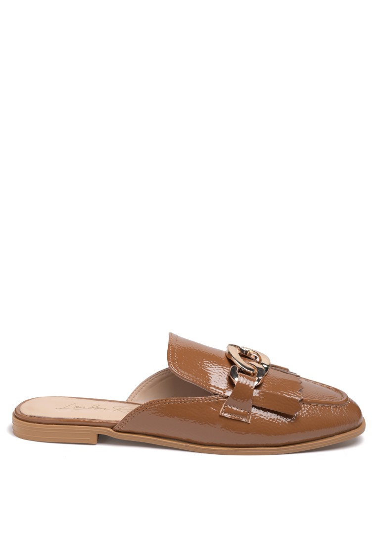Metal Buckled Fringe Detail Mules in Taupe