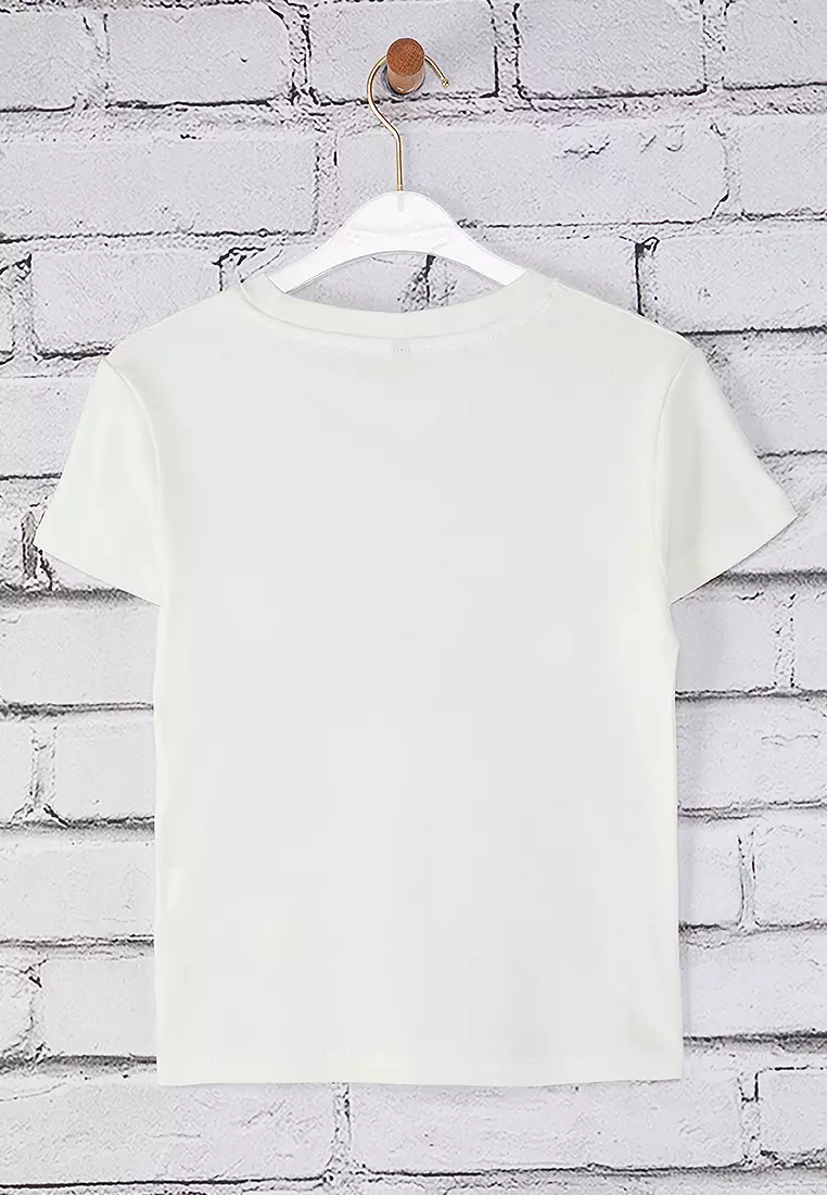 Ecru Deer Printed Fitted Knitted T-Shirt