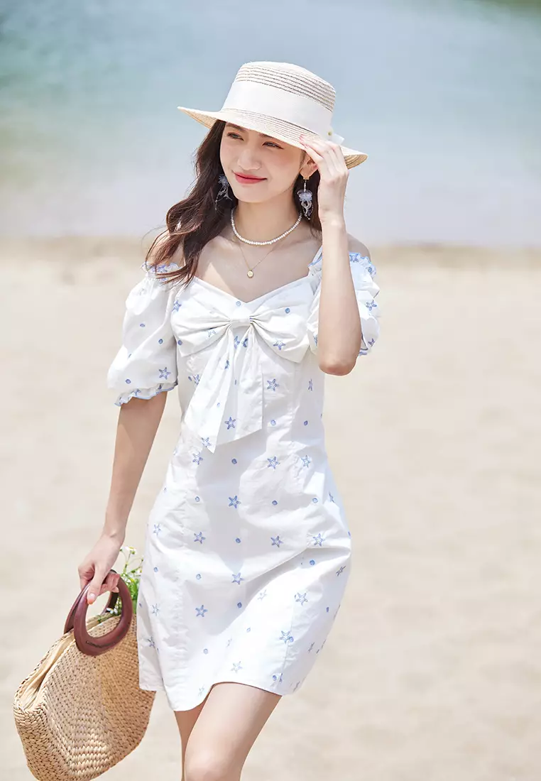Hopeshow Puff Sleeve Summer Dress with Star Print Design