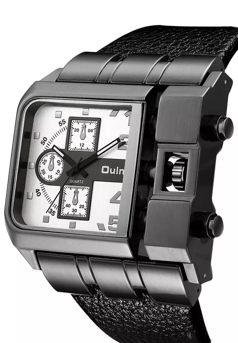 Very Large Men's Quartz Watch - 53x53mm - IP Black Steel case, White Dial, Black Leather Strap