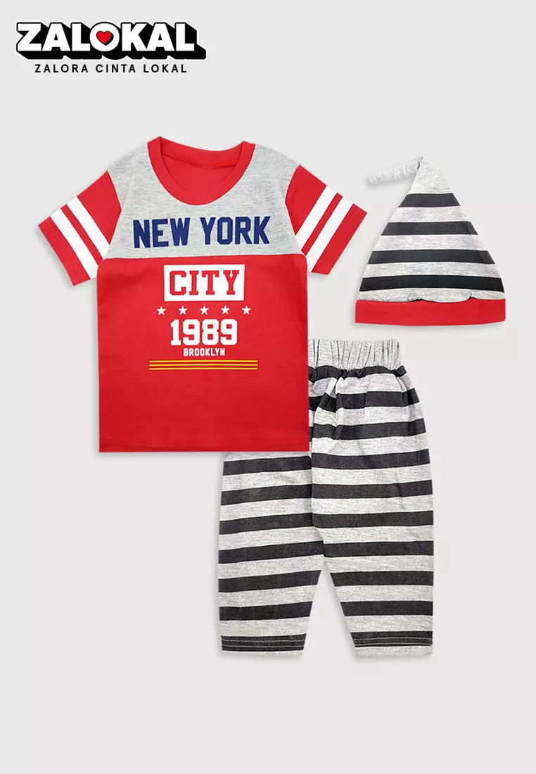 Wakakids Baju Bayi Anak Laki Laki Lengan Pendek Motif New York Setelan Celana 3/4 Dengan Topi Usia 12 Bulan Hingga 18 Bulan 3005 Merah