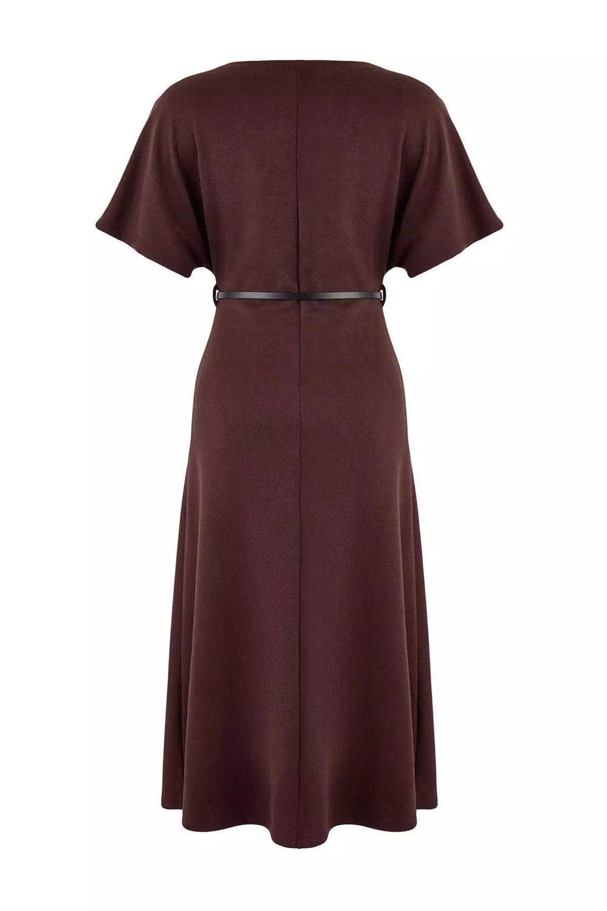 Brown A-Line/Column Boat Neck Short Sleeve Belted Midi Interlock Knitted Dress Twoss26El17