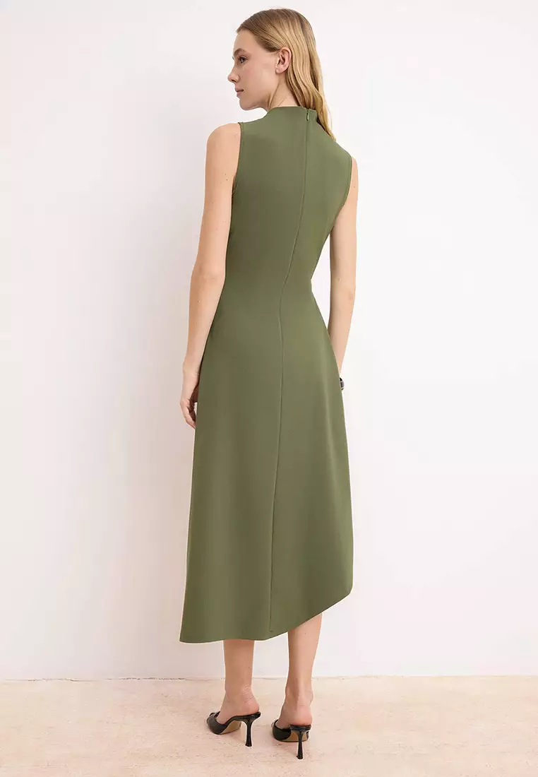 Khaki A-Line/Bell Form Asymmetrical Sleeveless Shirred Midi Paper Touch Knitted Dress Twoss26El156