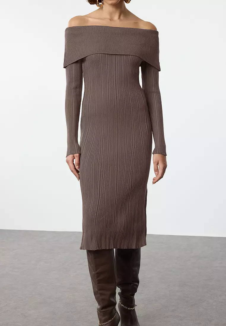 Mink Plain Midi Basic Carmen Collar Knitwear Dress