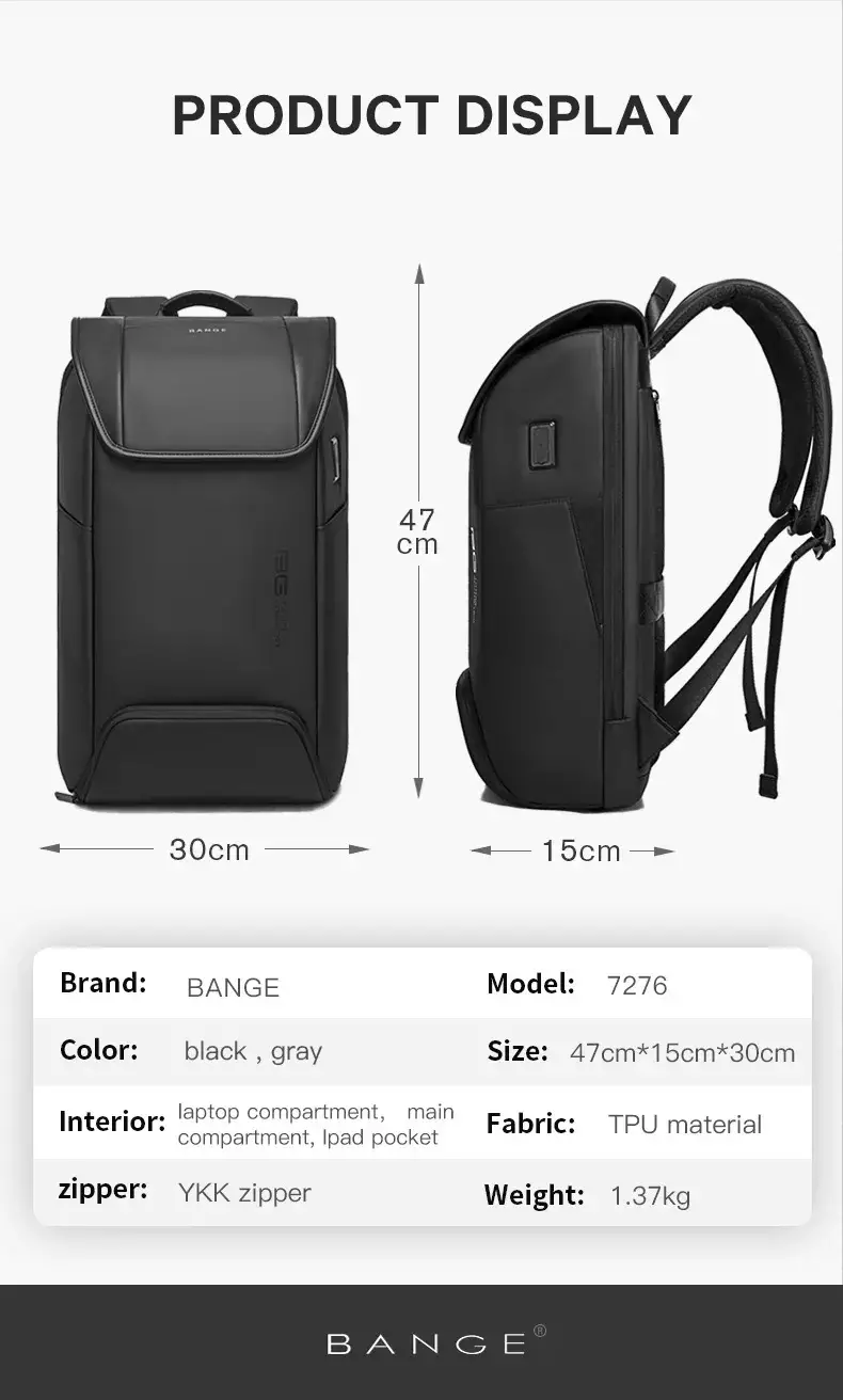 Bange BG7276 Tas Ransel Backpack Laptop Kerja pria 15.6 Inch USB - BLACK