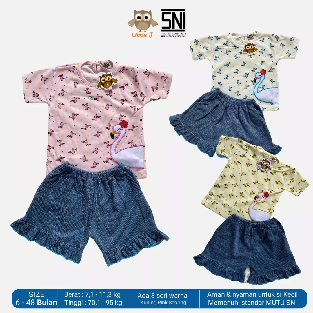 Little J Setelan Baju Anak Cewek Oblong Lengan Pendek Kaos Polos Set Celana Motif Usia 6 Bulan Hingga 48 Bulan