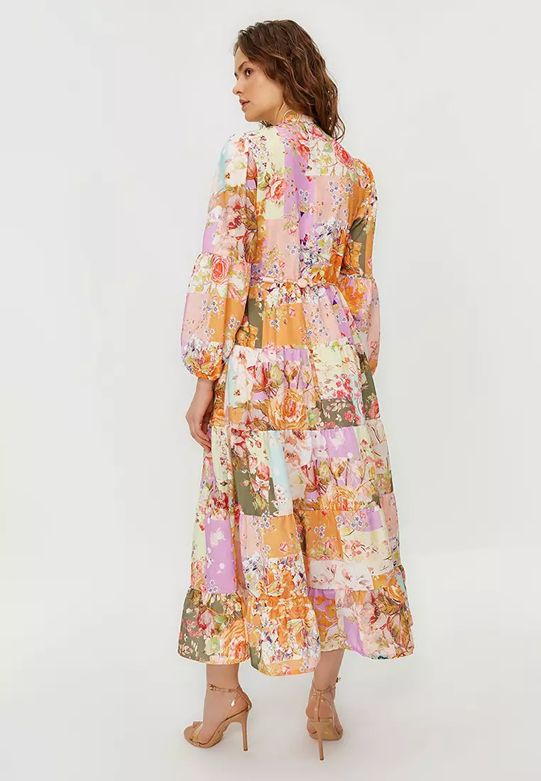Multicolored Floral Patterned Linen Look Woven Dress with Belt Detail TCTSS24EB00042