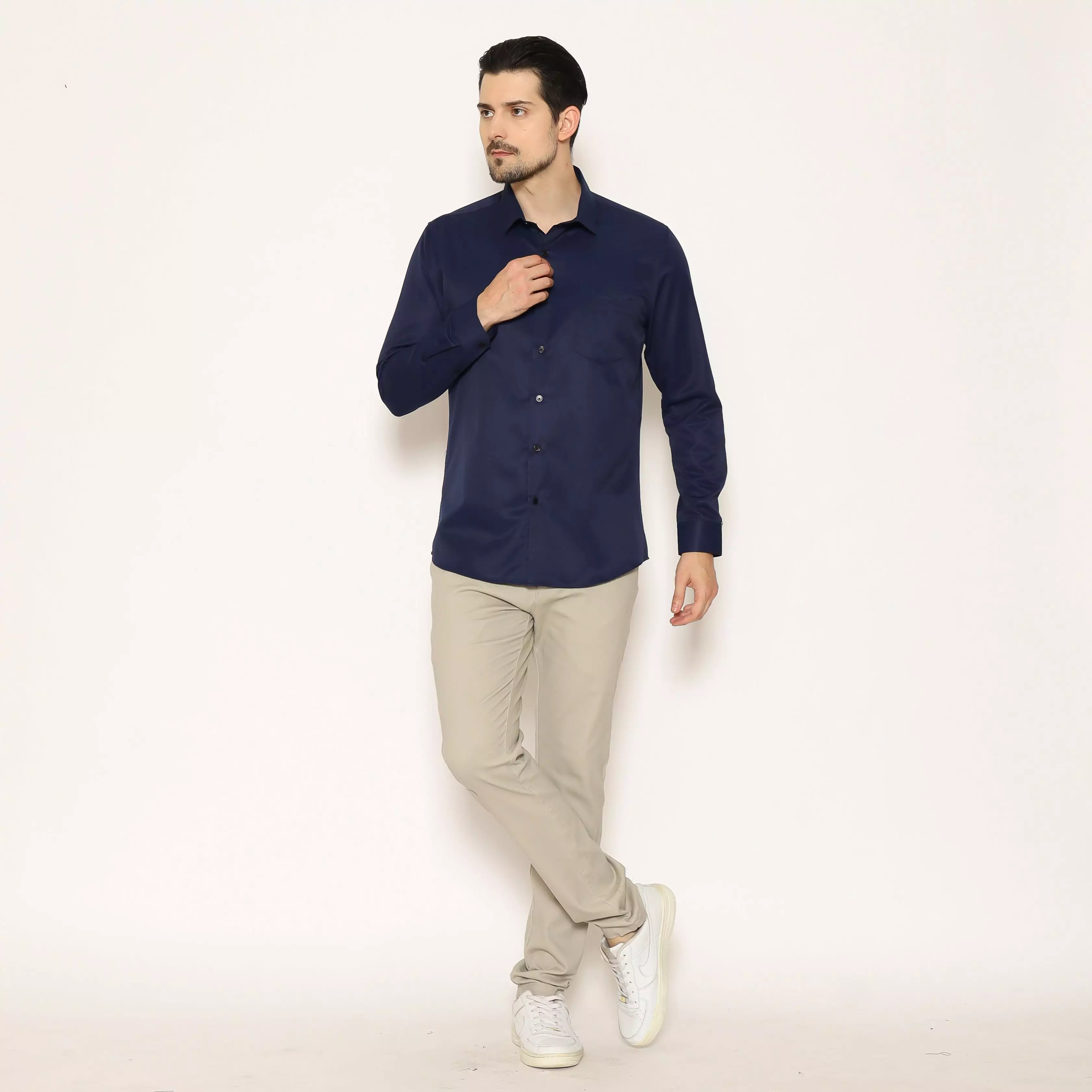 MAGINOT Kemeja Pria Basic Polos Lengan Panjang DARK NAVY