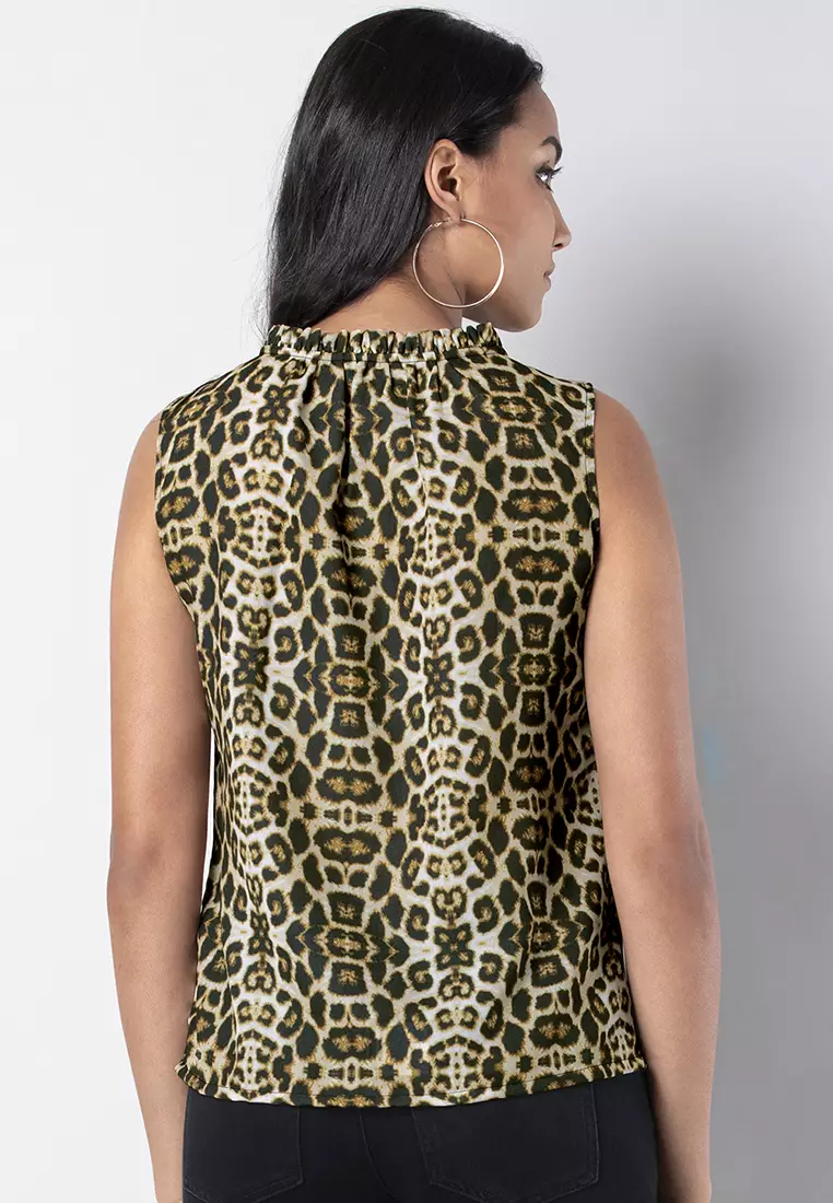 Brown Leopard Print Neck Tie Blouse