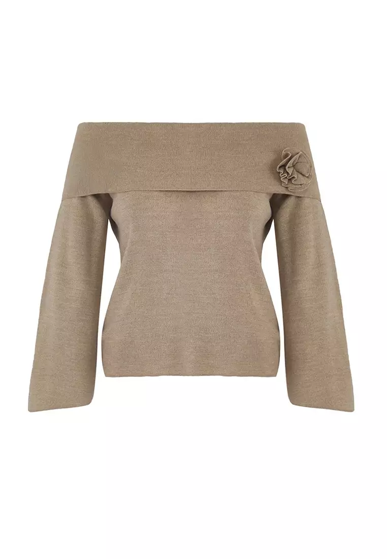 Mink Carmen Collar Flower Detailed Thin Knit Sweater Tbbaw26An00037