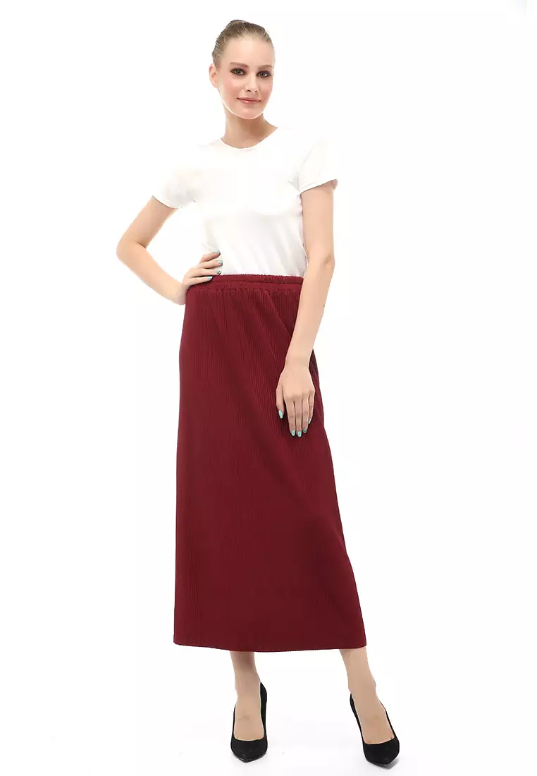 Rok Span Bawahan Wanita Motif Salur Skirt Rubbery Waist Casual - Maroon