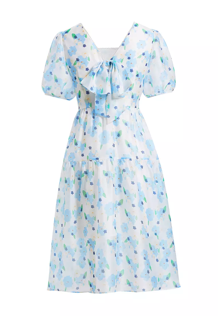 Short Puff Sleeve Square Neck Floral Midi Dress