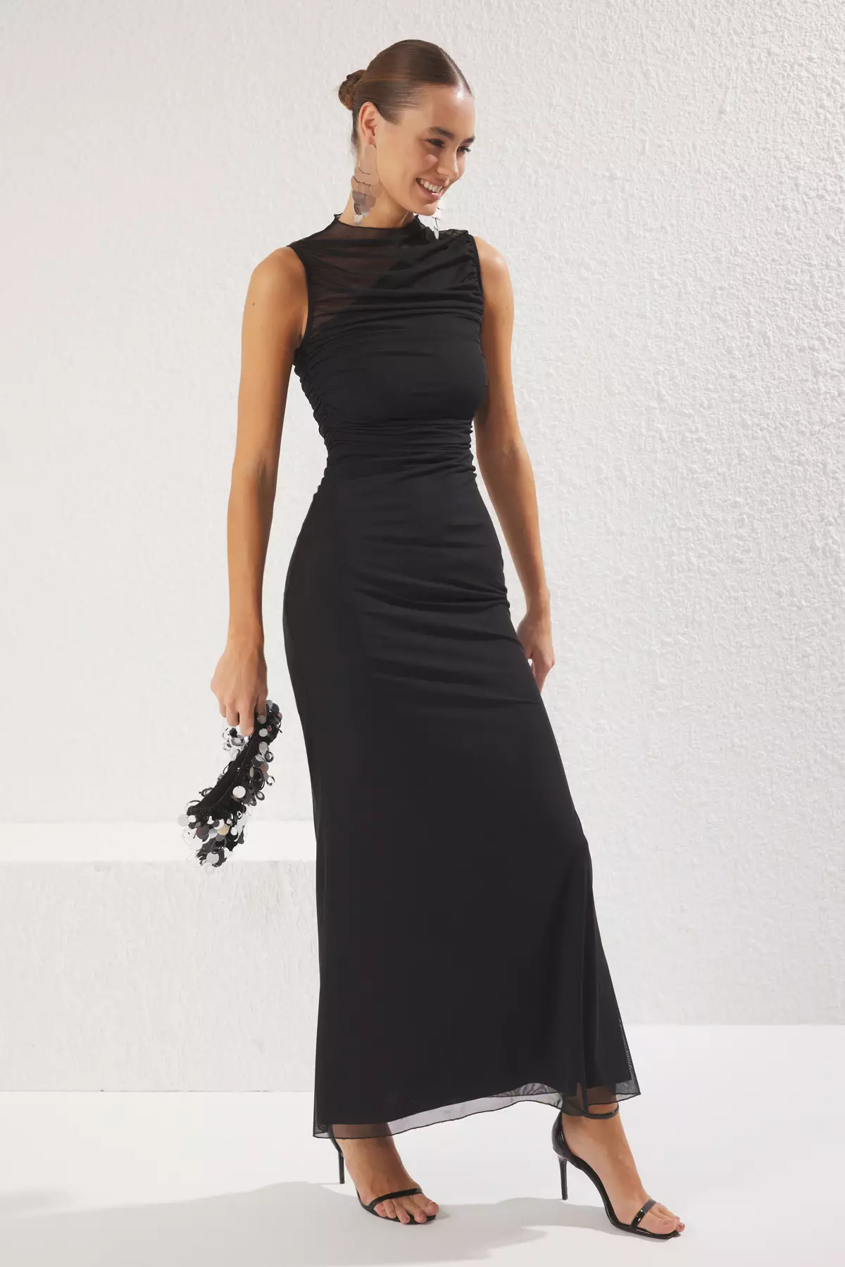 Sleeveless Ruched Evening Maxi Dress