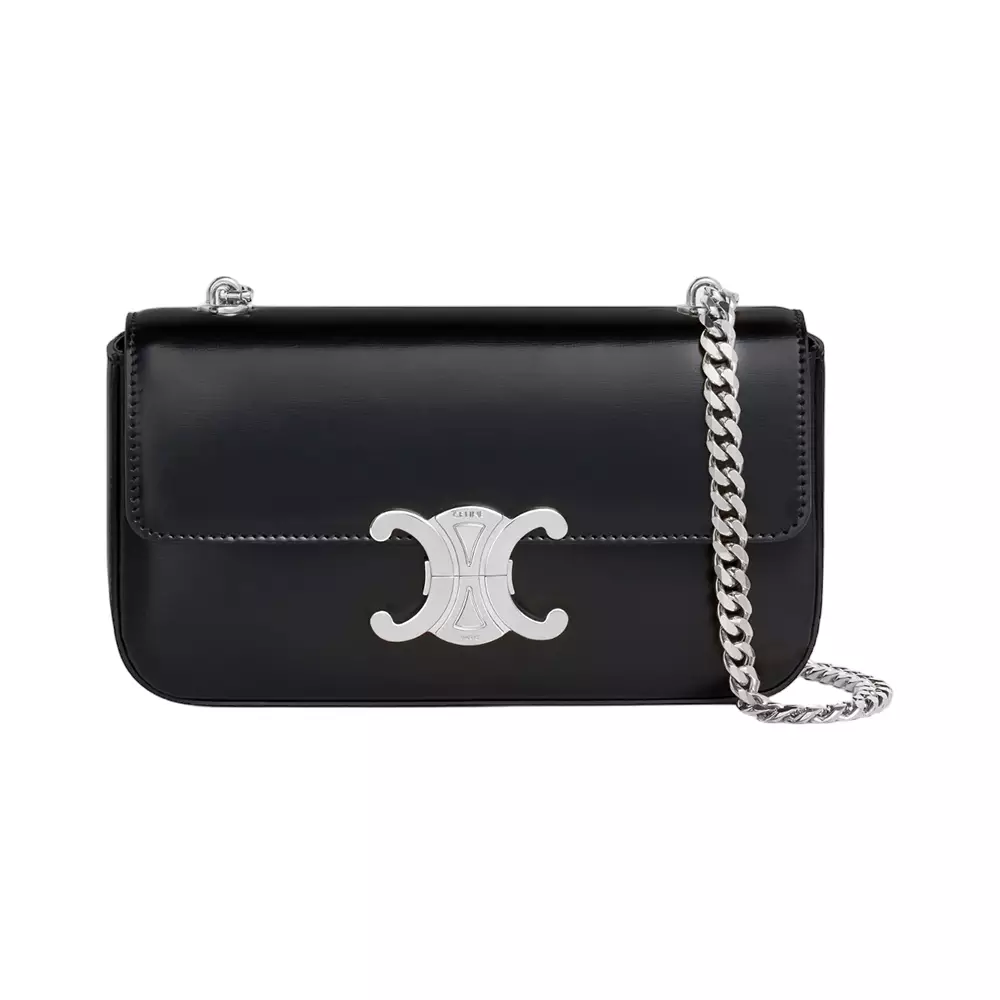 CELINE Triomphe WALLET ON CHAIN TRIOMPHE IN SHINY CALFSKIN BLUE GREY
