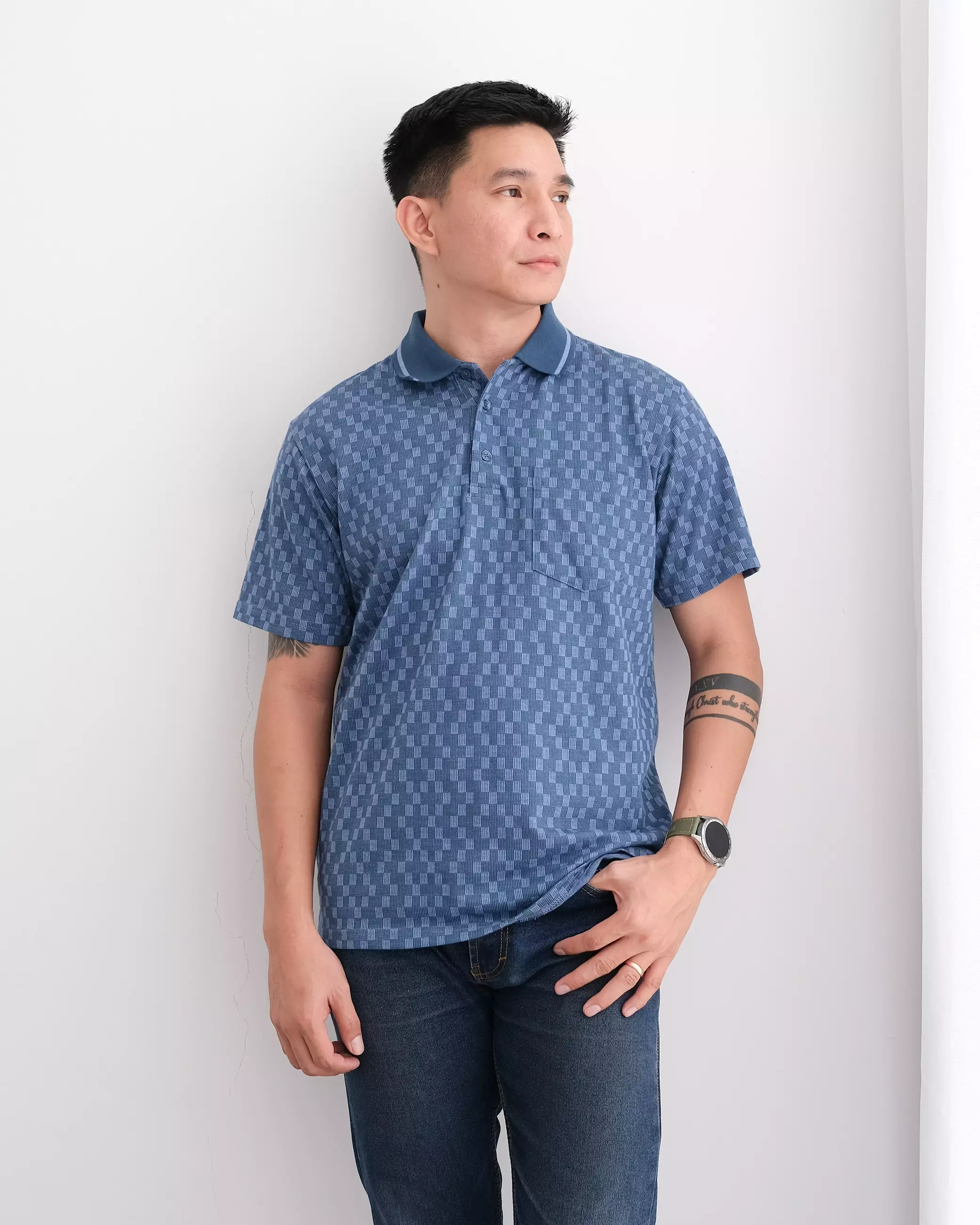 Andre Michel Polo Shirt Lengan Pendek Biru Motif Kotak 3428