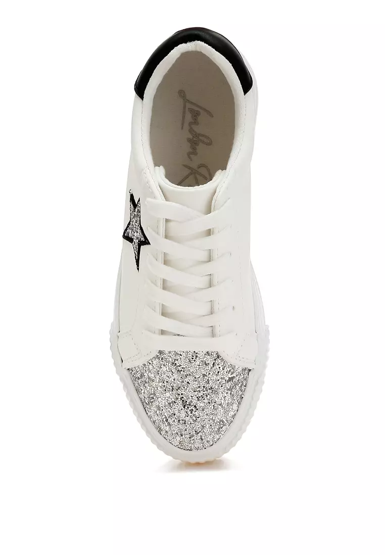 Glitter Patch Chunky Sneakers In White/Silver