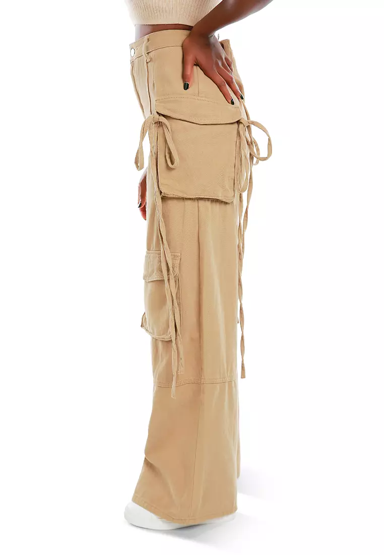 实用抽绳口袋长裤 驼色
