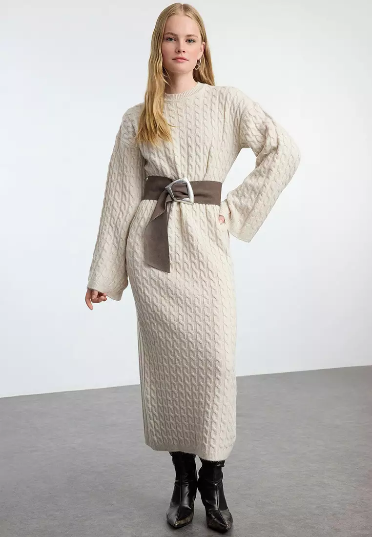 Beige Braided Knitwear Dress Tctaw25Eb00035