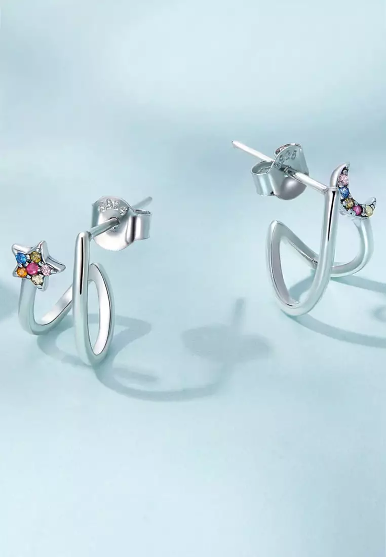 Solid Silver Moon Star Earrings