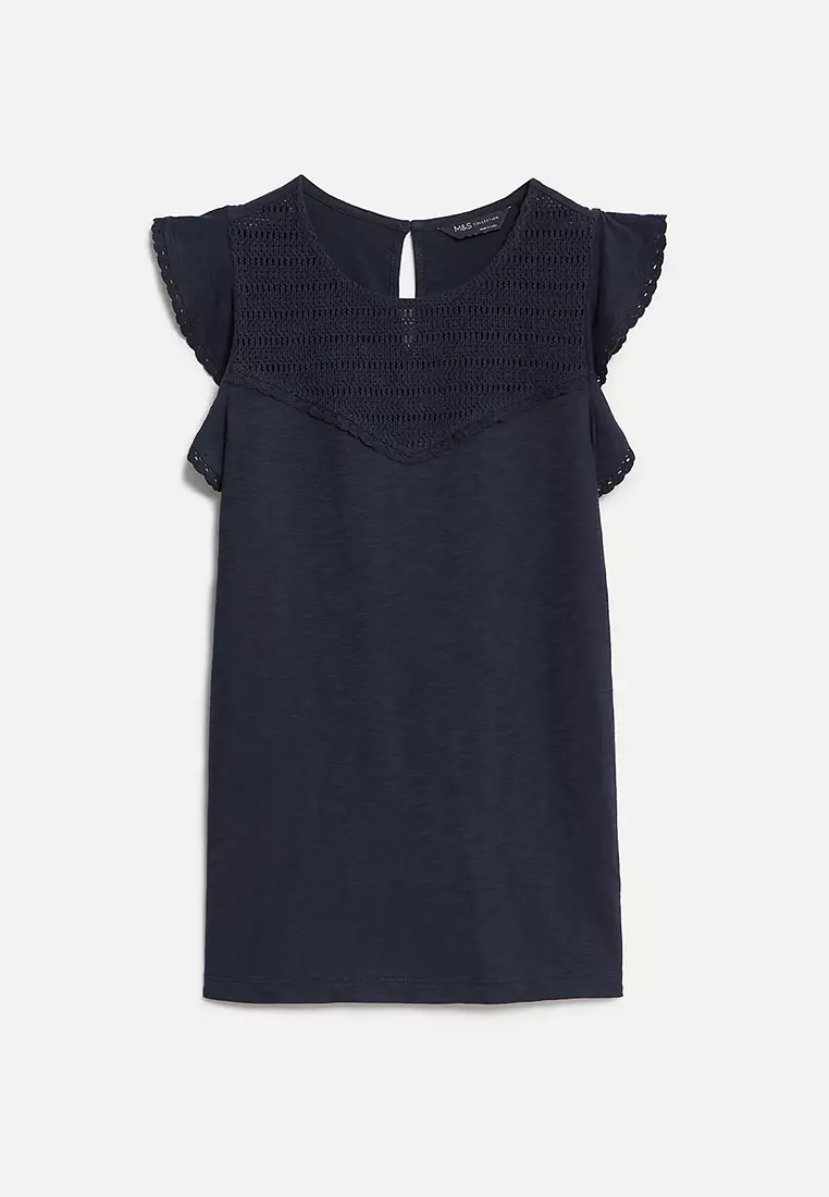 Pure Cotton Embroidered Frill Detail Top