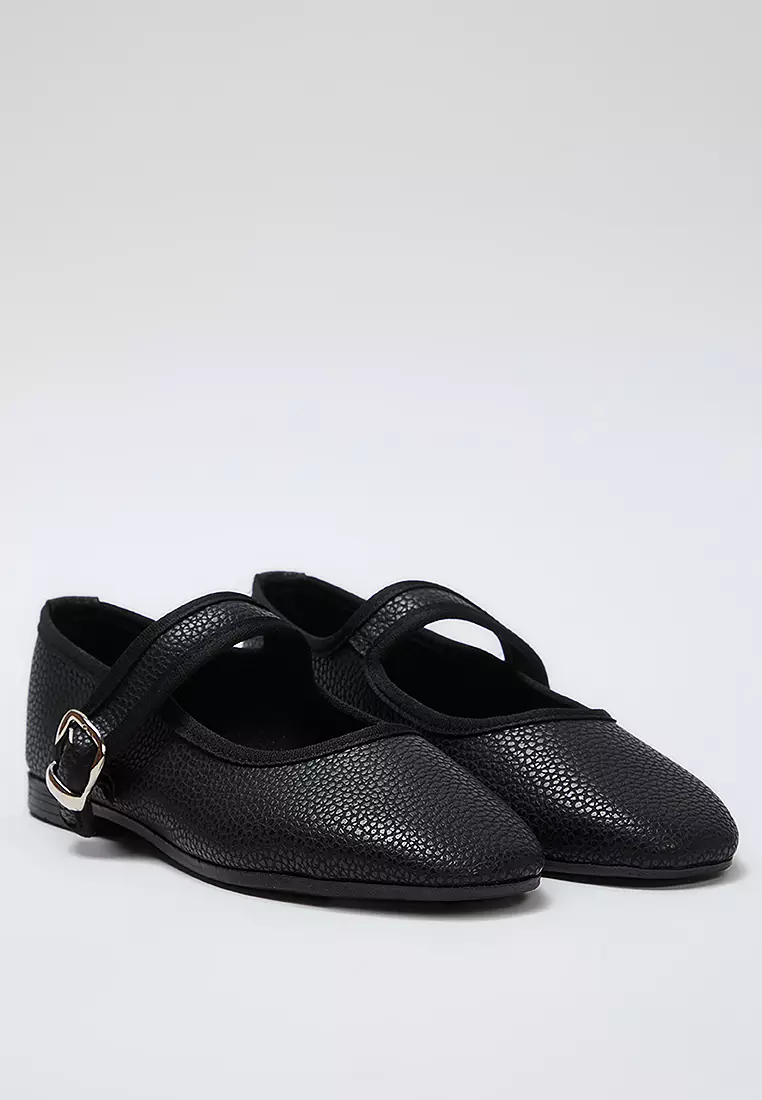 Textured Mary Jane Buckled Ballerina Flats