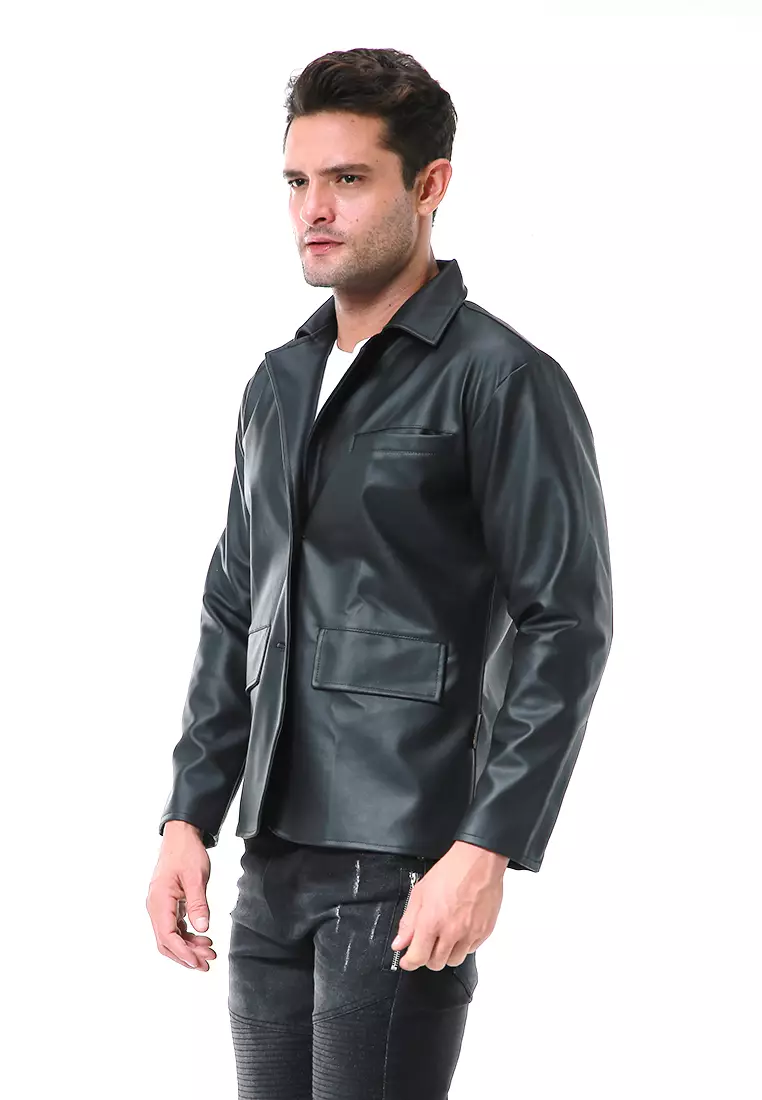 Danny Blazer Casual Formal Pria Outerwear Lengan Panjang Motif Polos Material Leather ORIGINAL - Black