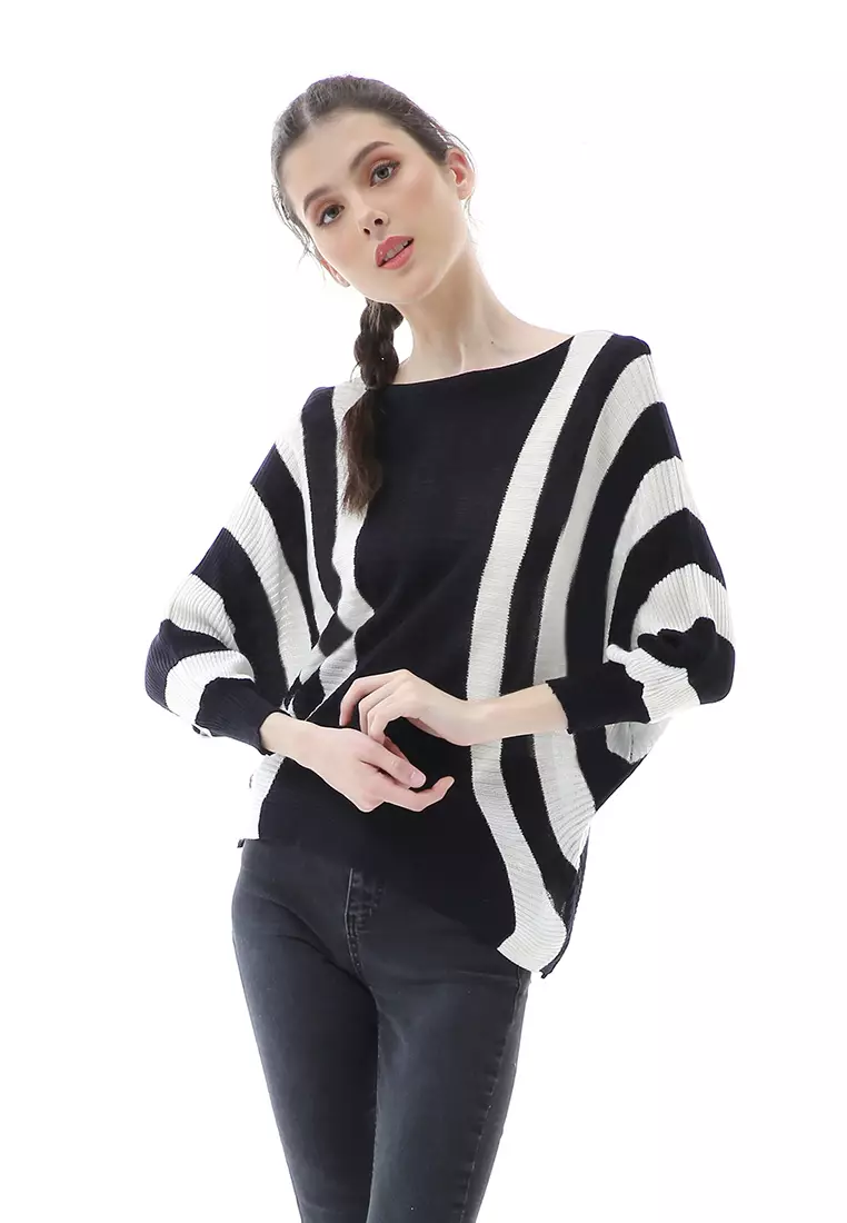 Viana Blouse Rajut Atasan Wanita Motif Zebra Stripe Oversize Jumbo Premium Quality - Hitam