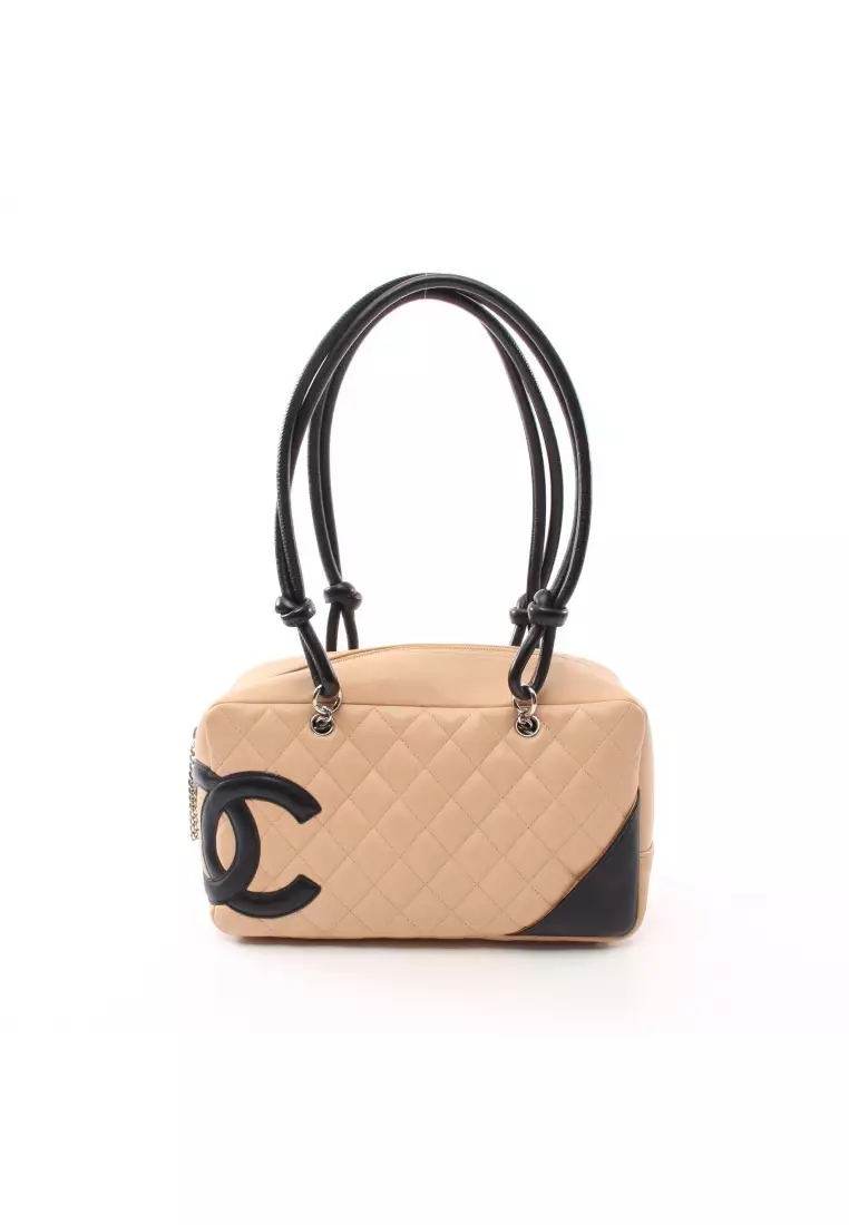 Vintage Chanel Cambon Bowler Bag Beige and Black Calfskin Silver Hardware