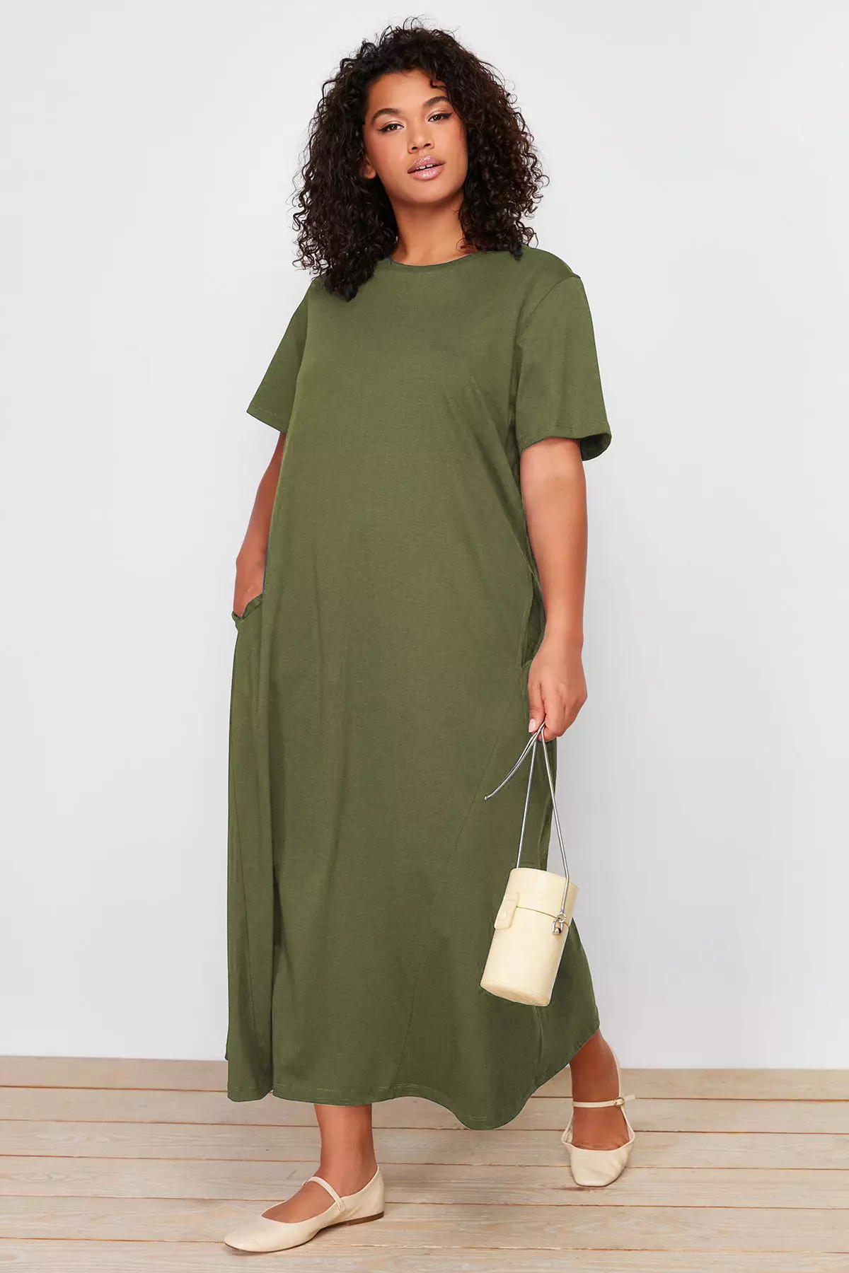Khaki Midi 100% Cotton Knitted T-shirt Dress TBBSS24AH00067