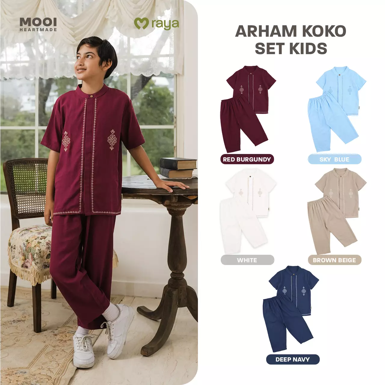 Mooi Arham Koko Set Setelan Koko Anak Raya Collection Basic Series 2026 - Red Burgundy