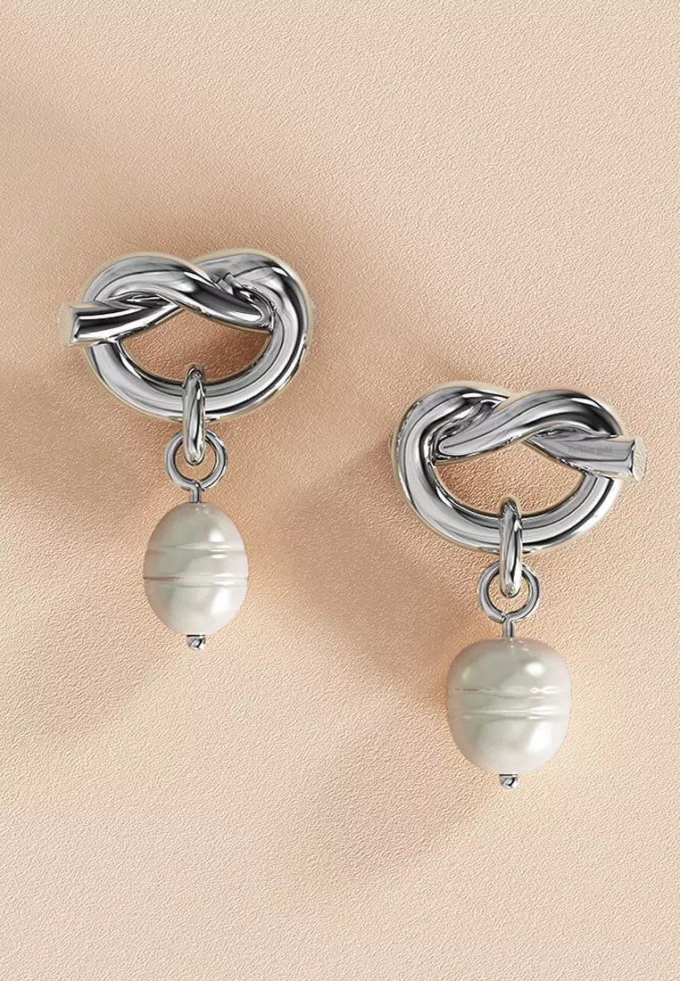 Forever Knot White Gold Layered Pearl Earrings