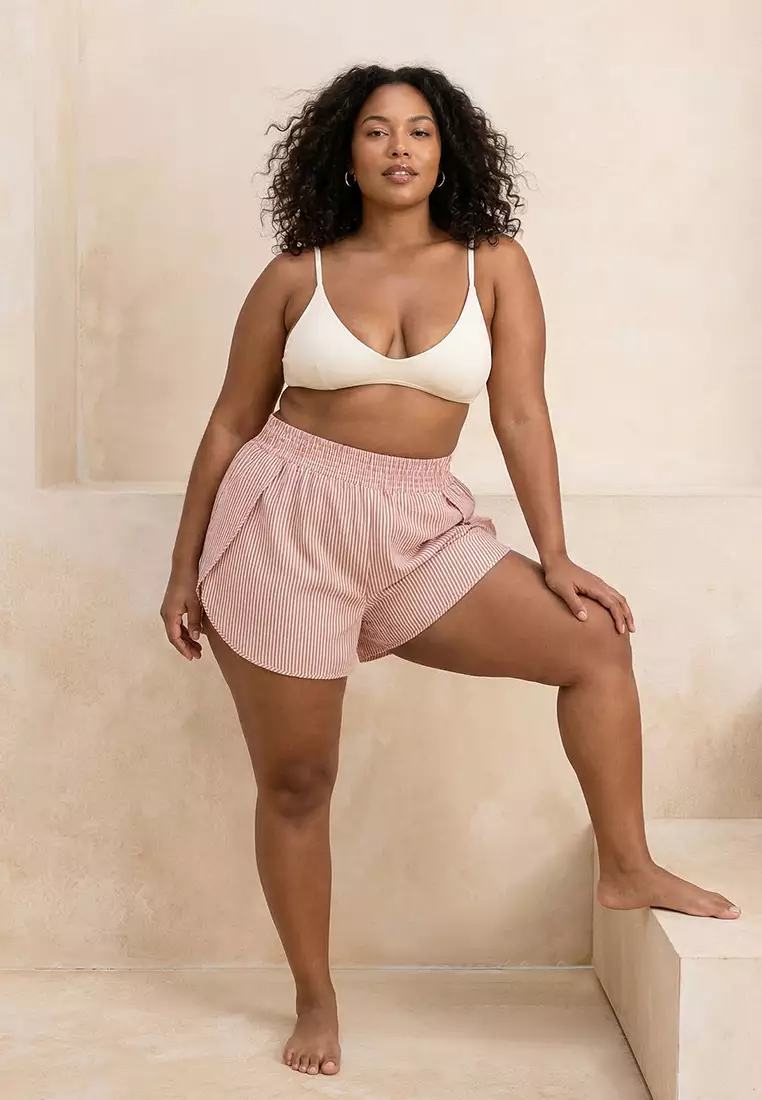 Beachwear Salmon Striped Seersucker Textured Fabric Plus Size Beach Shorts Tbbss26Ap00007