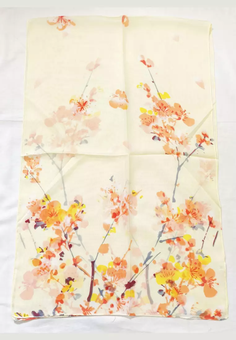 Aksesoris Wanita Sakura Tree Silk-Feel Scarf Syal Wanita Butter Yellow