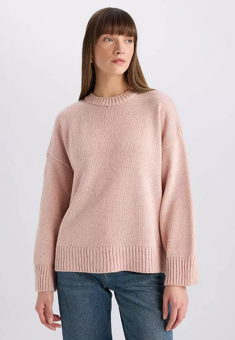Oversize Wide Pattern Crew Neck Basic Plain Knitwear Sweater
