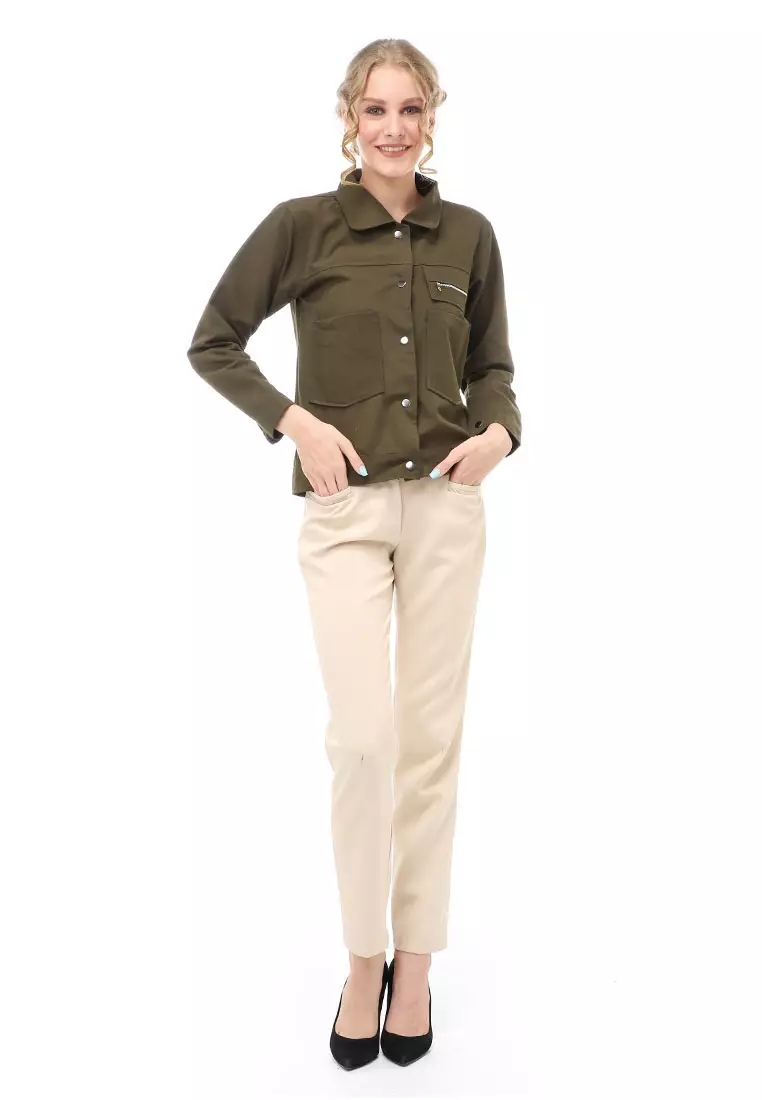 Hardwin Jacket Outer Wanita Jaket Pocket Zippy Material Baby Canvas ORIGINAL - Army Green