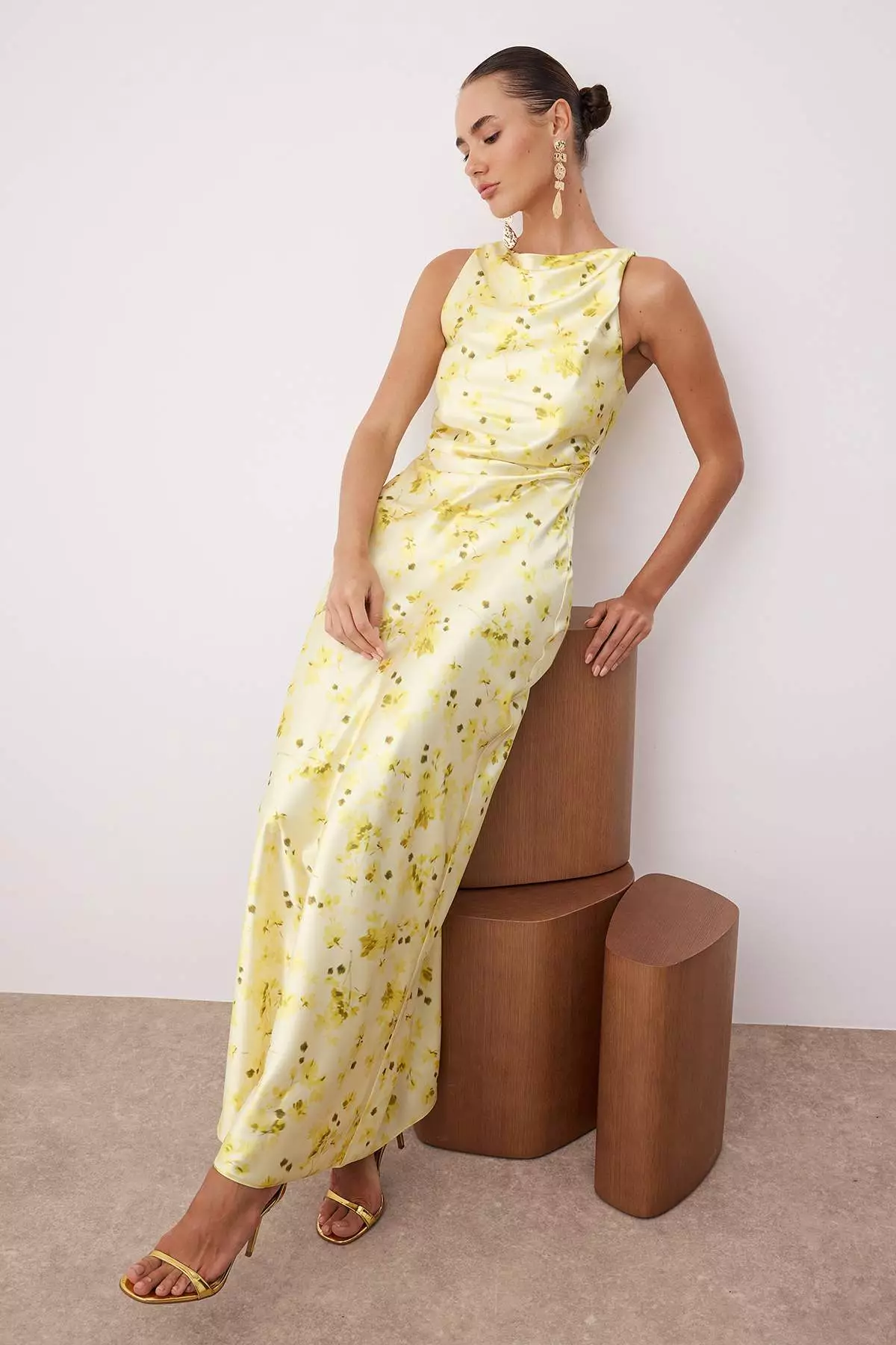Yellow-Multicolored Plain Bodycon Woven Satin Maxi Evening & Graduation Dress