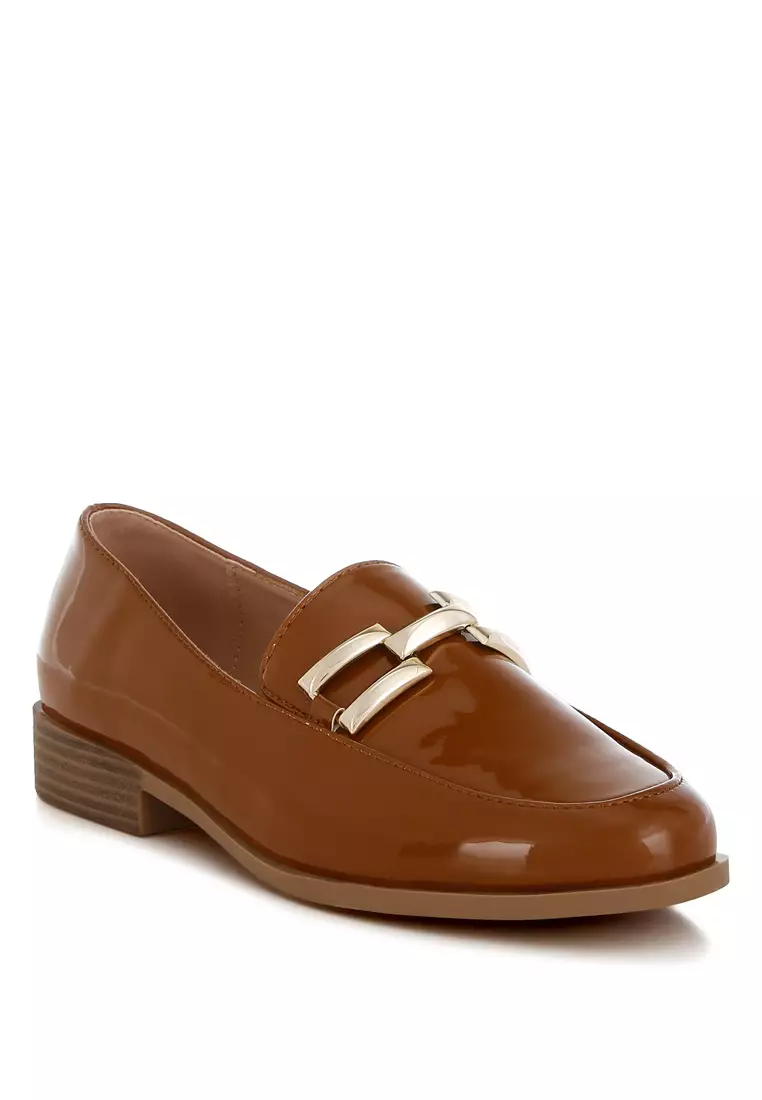 Patent Faux Leather Loafers in Tan