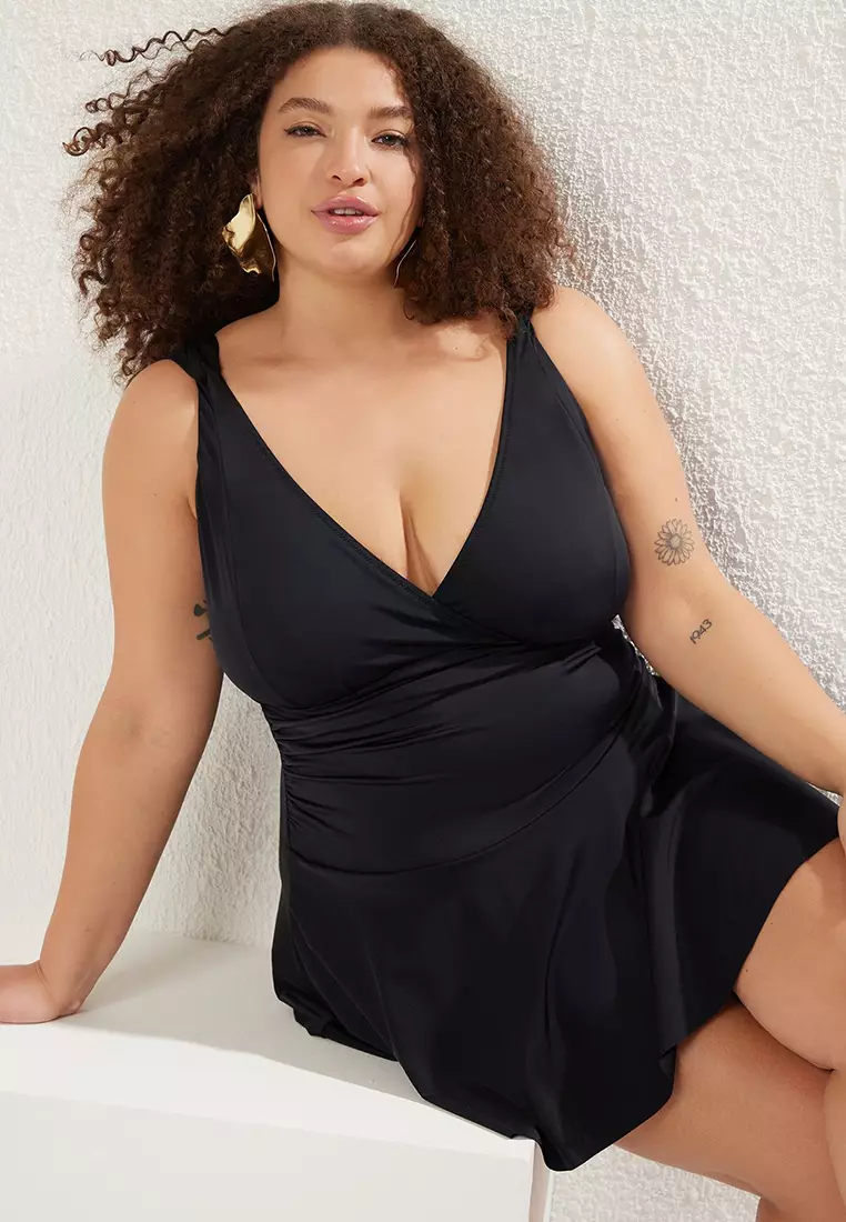 Black Deep V Neck Gathered Strap Detailed Skirted Plus Size Swimsuit TBBSS25AM00017