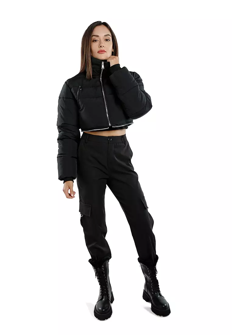 Black Cropped Detachable Turtleneck Puffer Jacket
