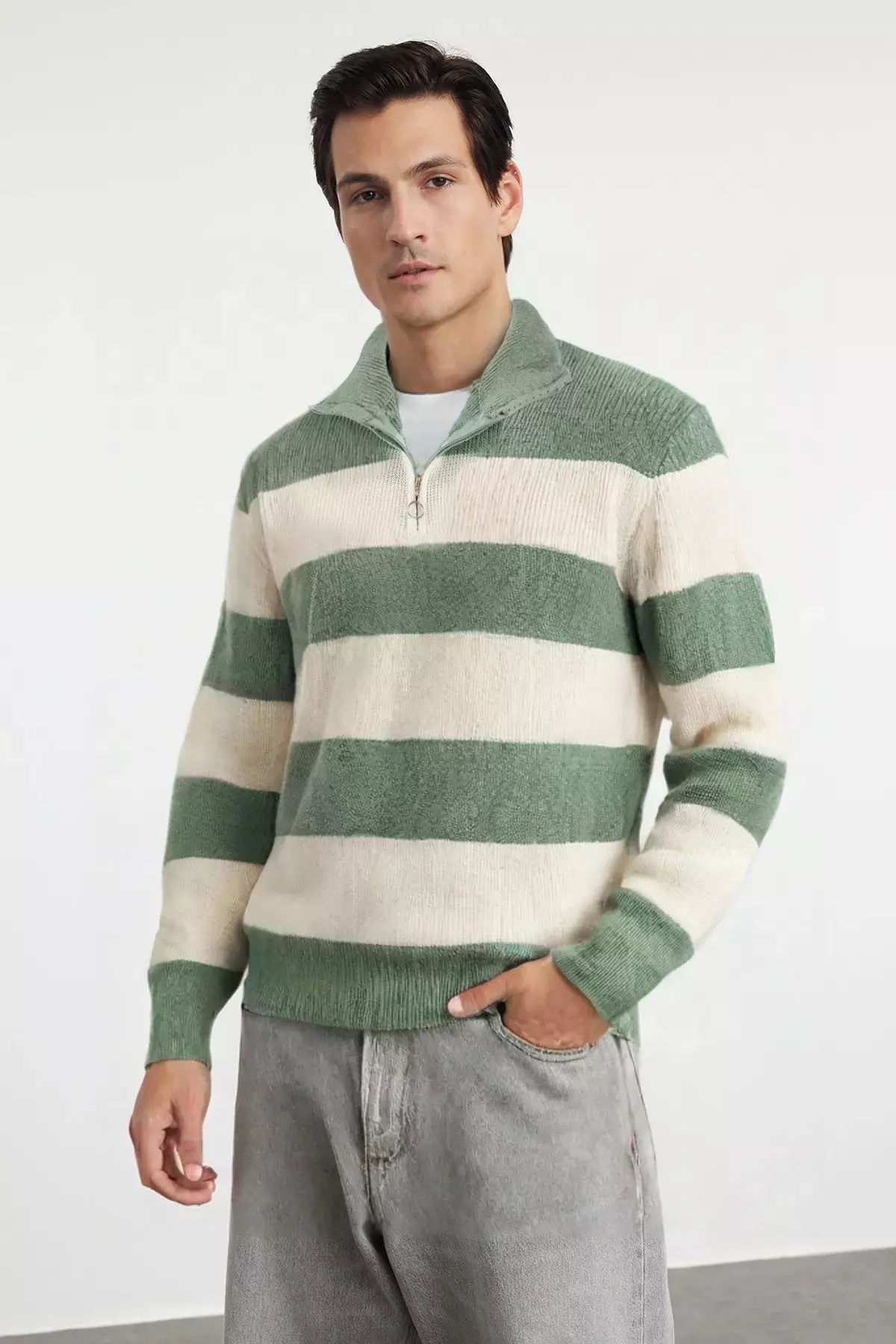 Mint Fitted Stand Collar Striped Sweater Tmnaw25Kz00062