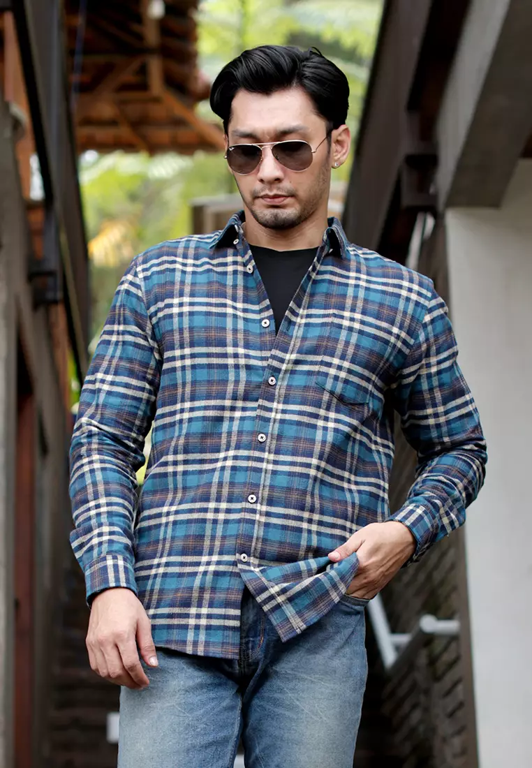 OXCON Extra Comfort Authentic Flannel Shirt Turqoise Cream