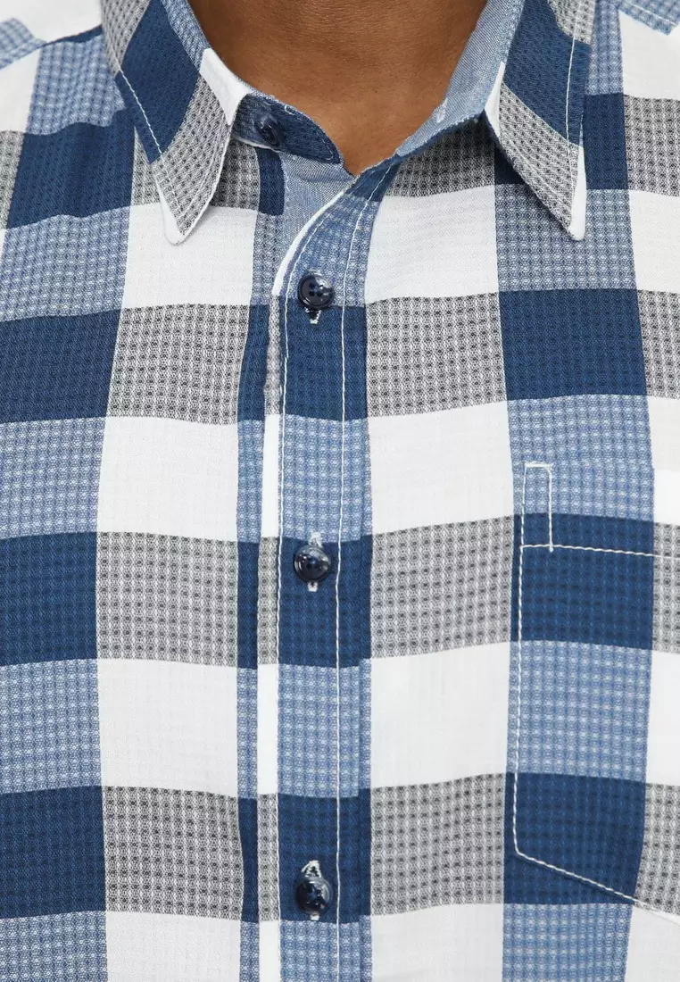 POLICE Kemeja Kotak Cotton Slub Biru Regular Fit Pria