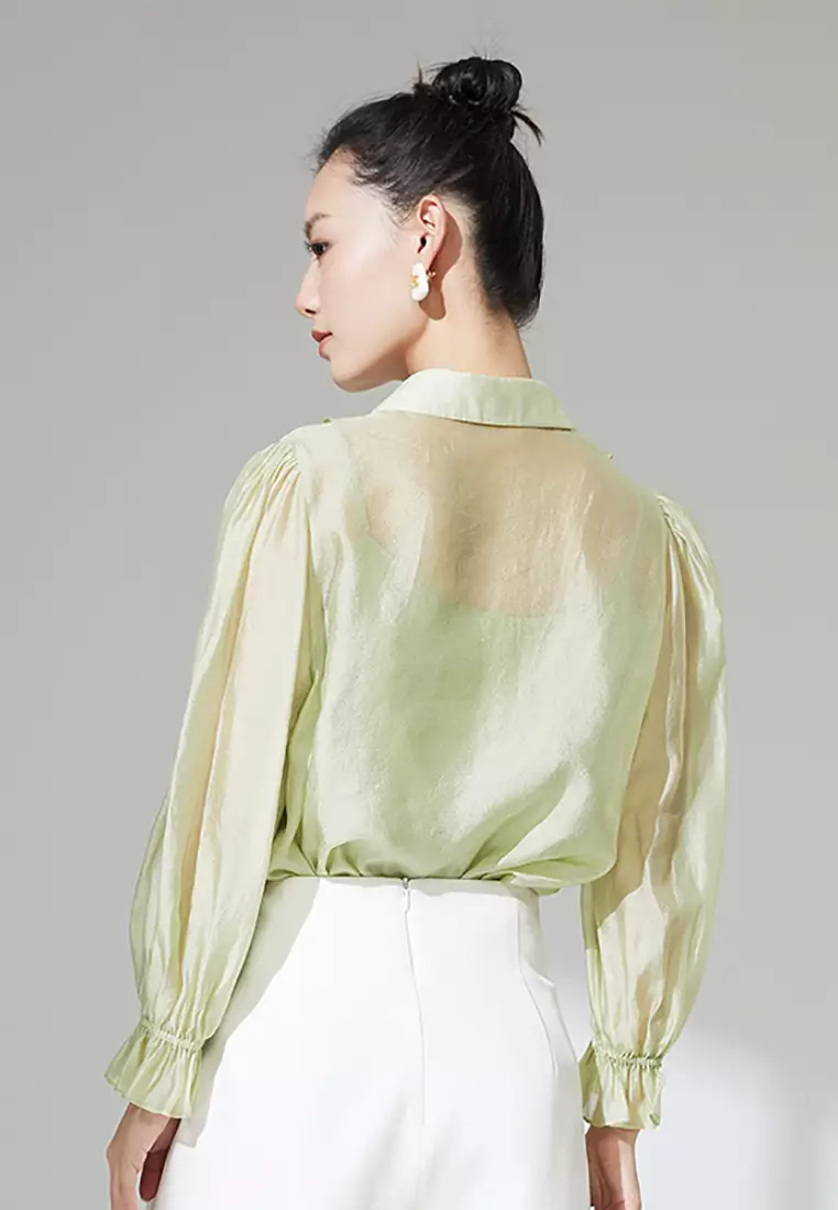 Long-Sleeve V-Neck Ruffled Trim Tie Front Blouse