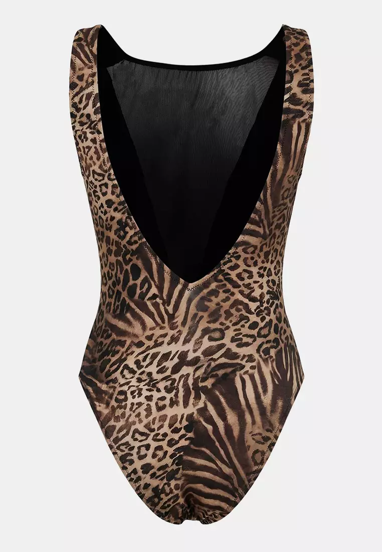 Leopard Patterned Mesh Detailed Halter Neck Covered Brazilian Swimsuit Tbess26Ma28