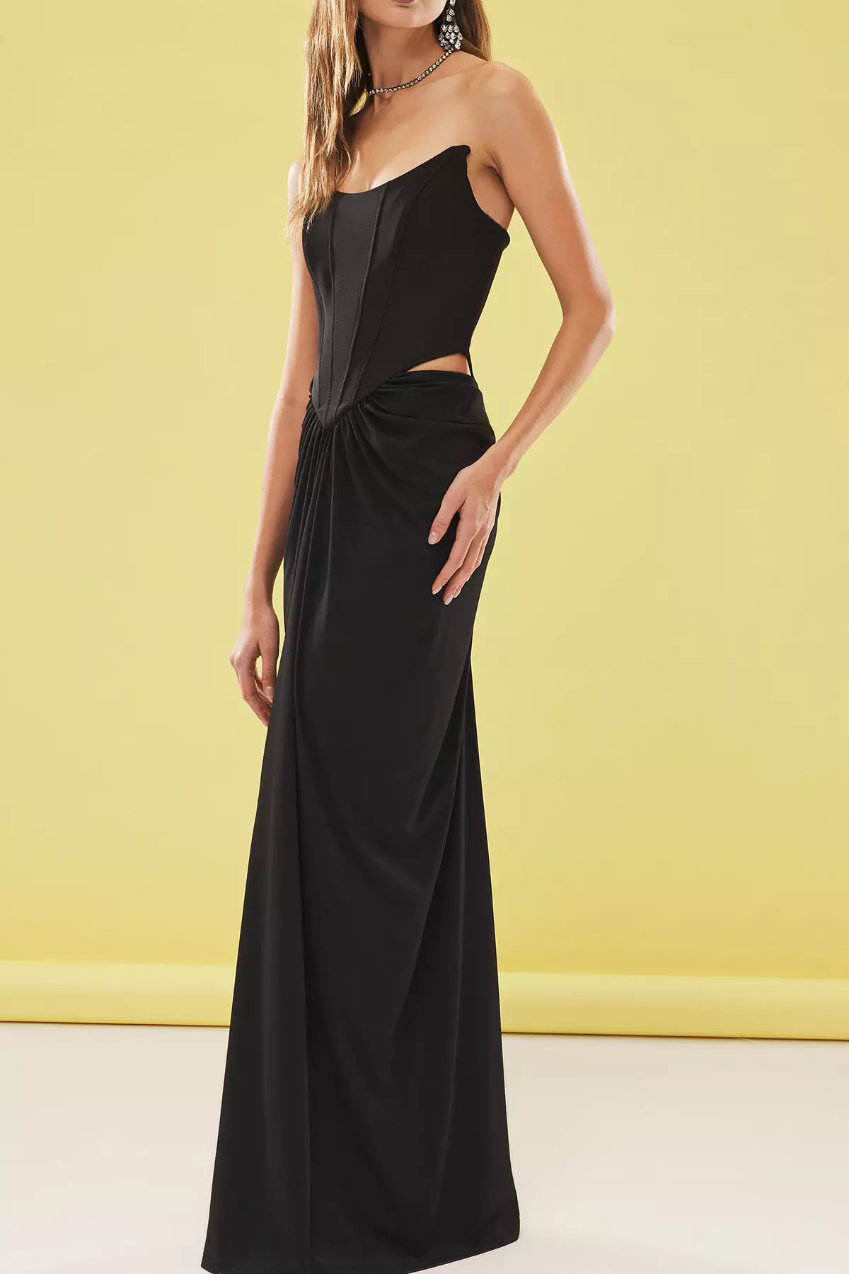 Black Waist Cut-Out Detail Corset Look Long Elegant Evening Dress