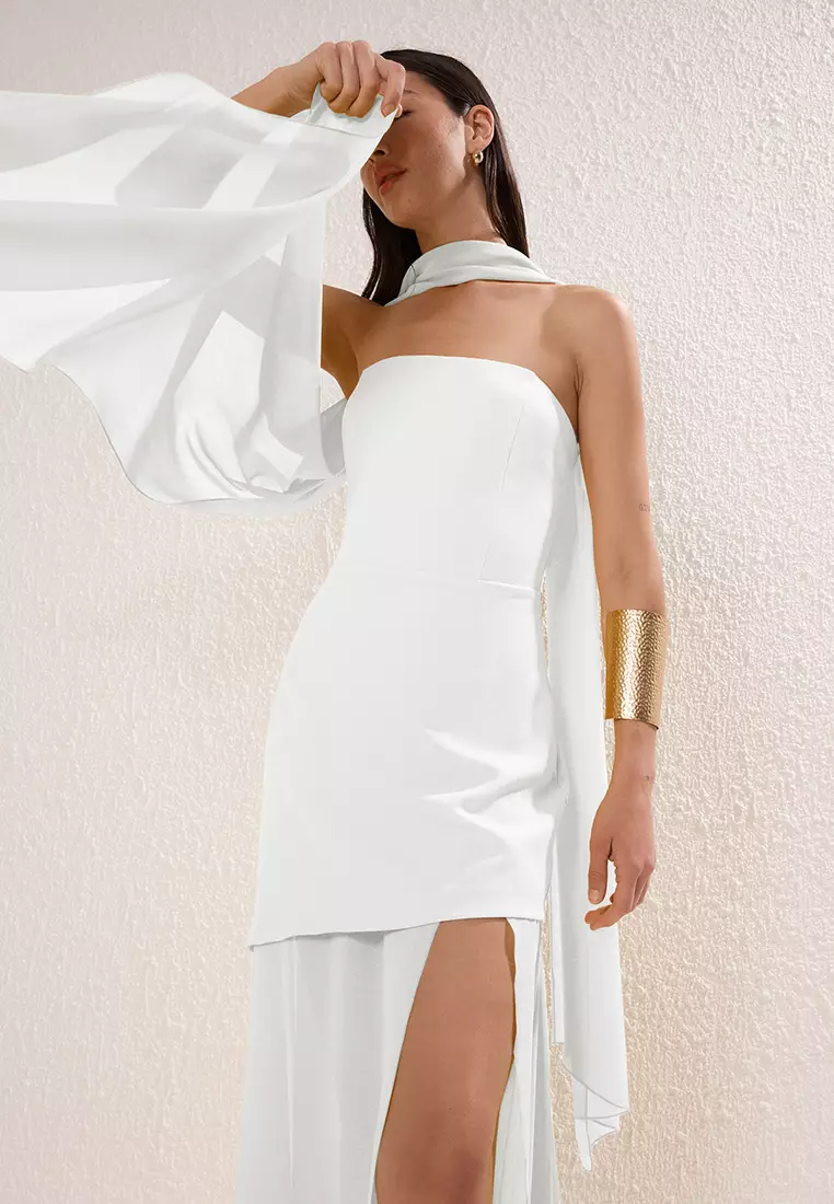 White Shawl Detailed Maxi Evening Dress